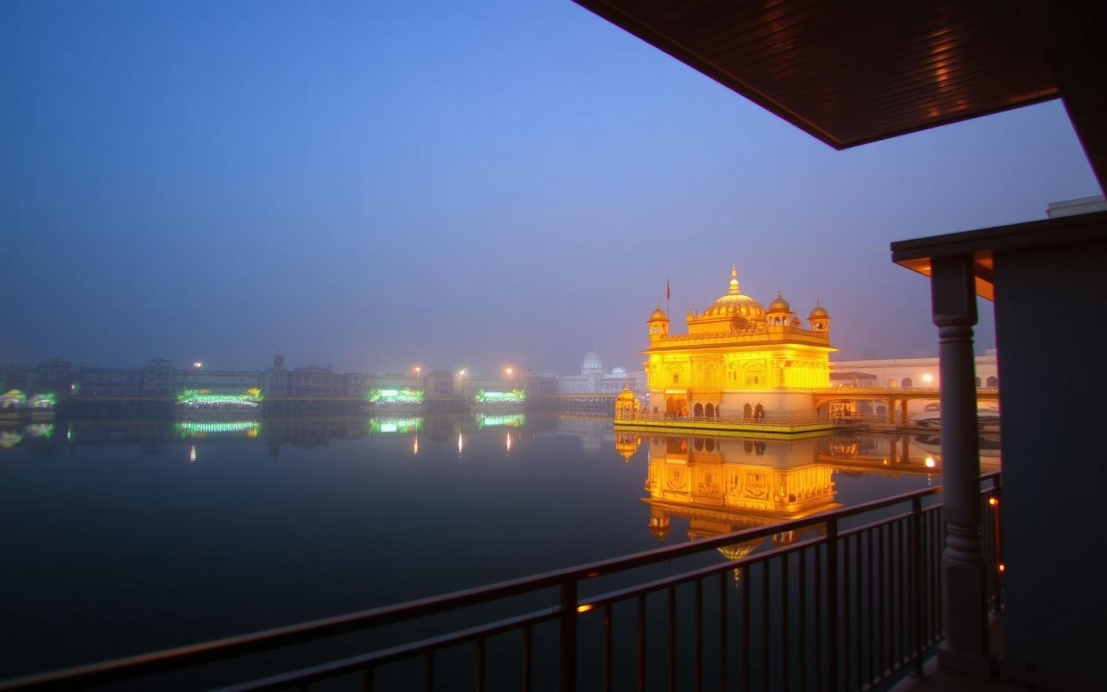 Golden Temple at dusk seen from a Saragarhi Sarai balcony